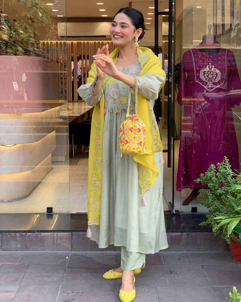 Sage Green and Mustard Yellow Embroidered Anarkali Kurta Set with Dupatta