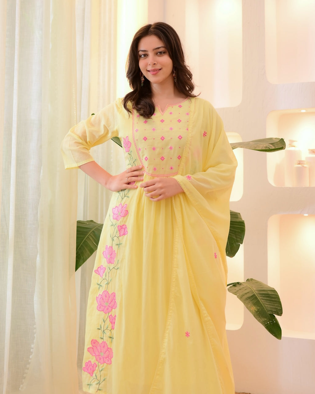 Floral Embroidered Anarkali Kurta Set with Straight Pants