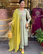 Sage Green and Mustard Yellow Embroidered Anarkali Kurta Set with Dupatta