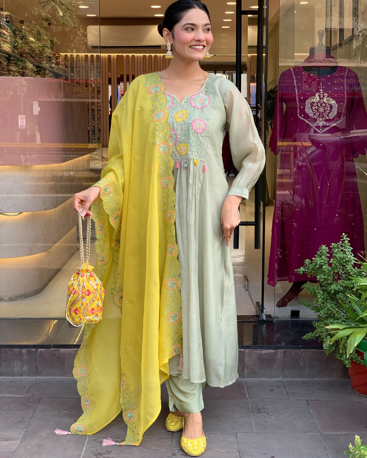 Sage Green and Mustard Yellow Embroidered Anarkali Kurta Set with Dupatta