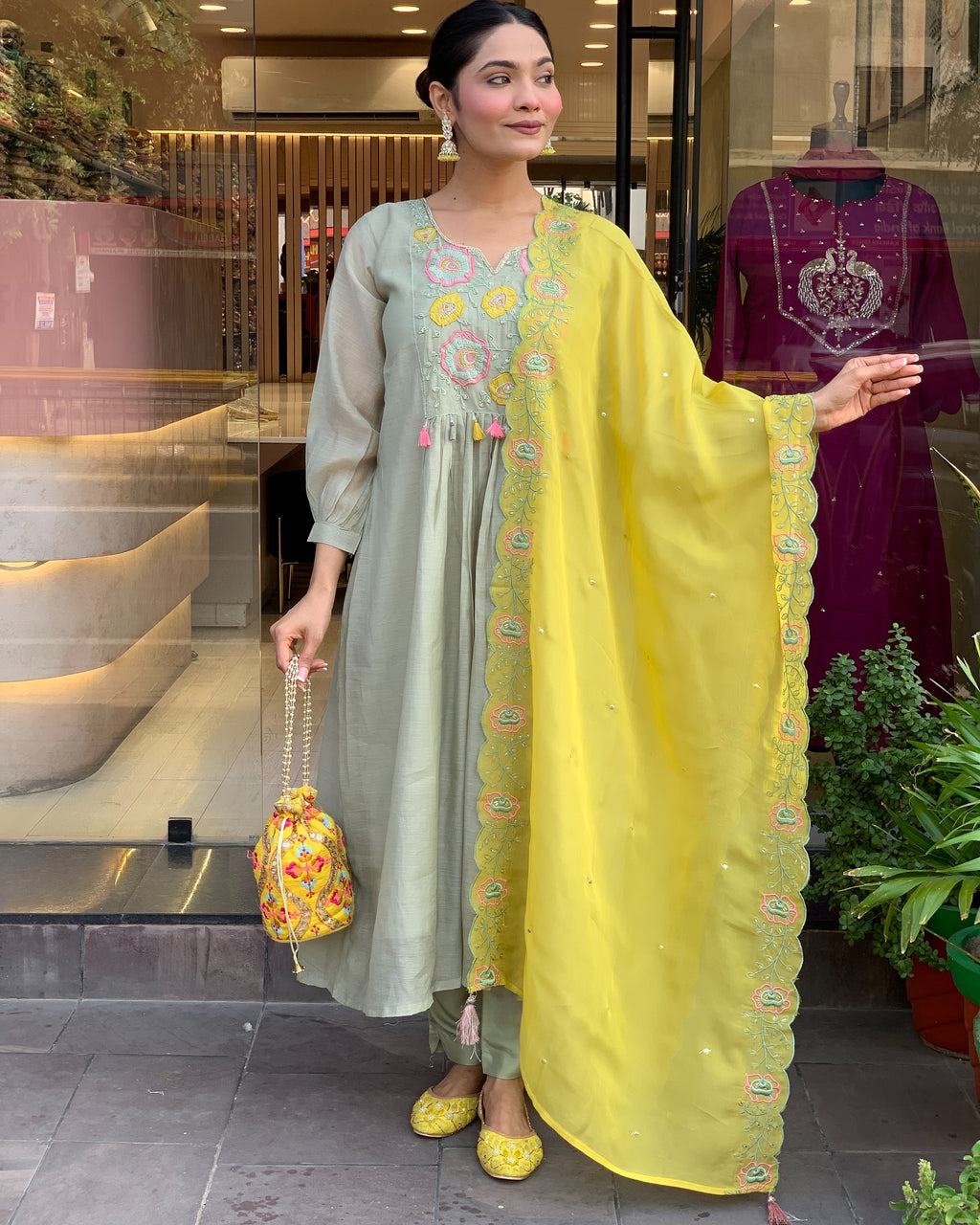 Sage Green and Mustard Yellow Embroidered Anarkali Kurta Set with Dupatta