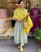 Sage Green and Mustard Yellow Embroidered Anarkali Kurta Set with Dupatta