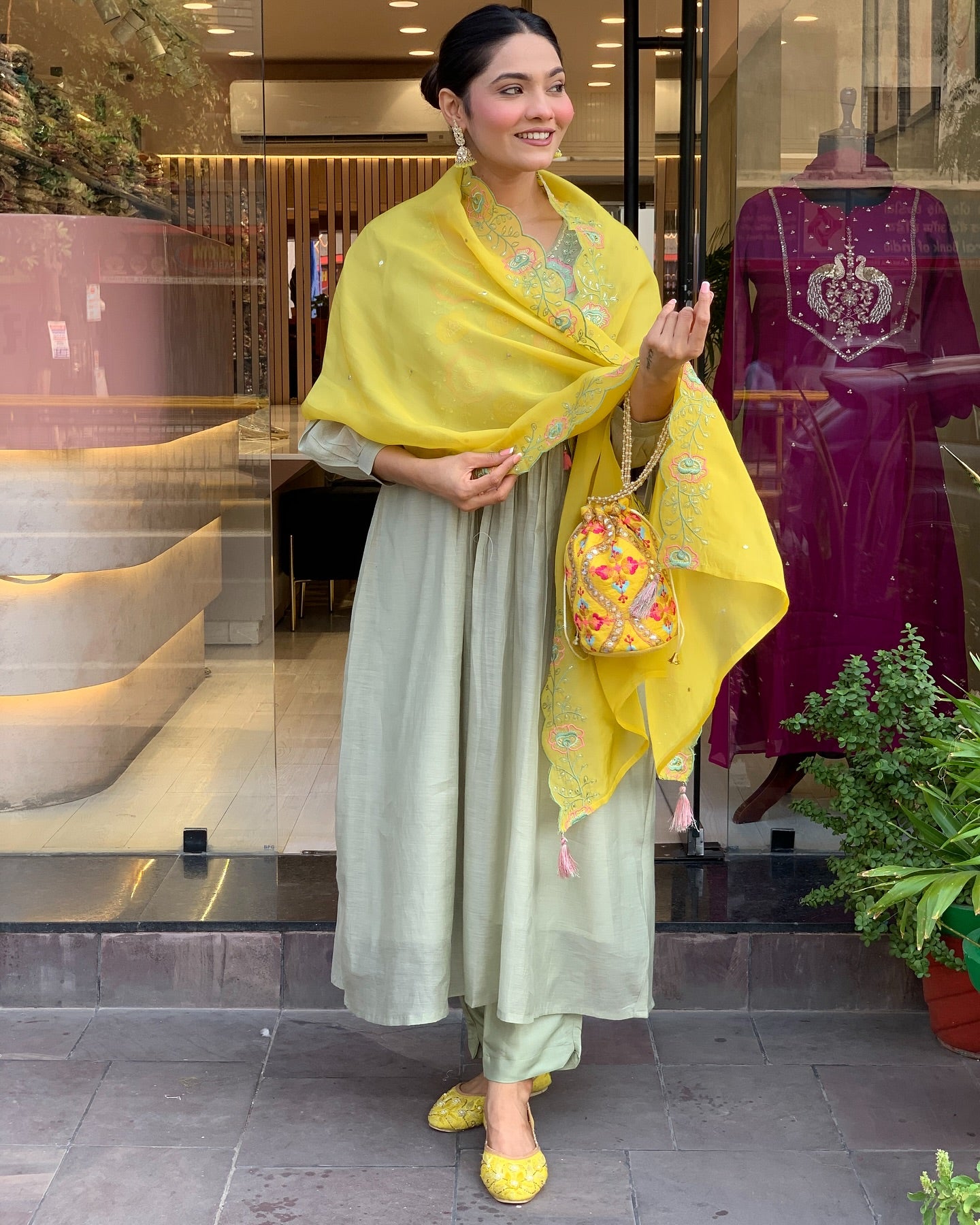 Sage Green and Mustard Yellow Embroidered Anarkali Kurta Set with Dupatta