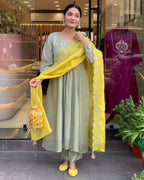 Sage Green and Mustard Yellow Embroidered Anarkali Kurta Set with Dupatta