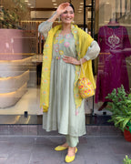 Sage Green and Mustard Yellow Embroidered Anarkali Kurta Set with Dupatta