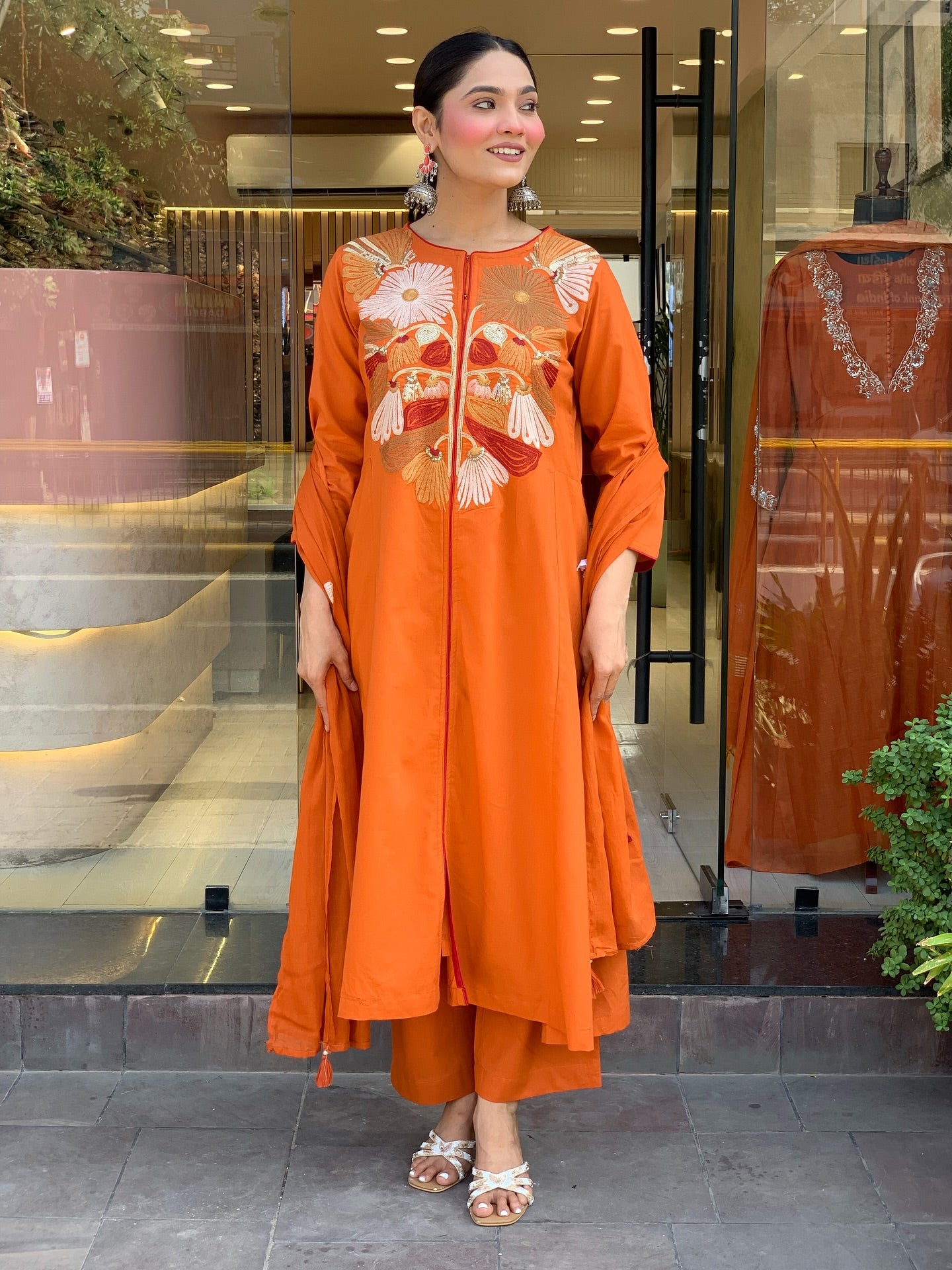 Orange Embroidered A-Line Kurta Set with Matching Pants and Dupatta