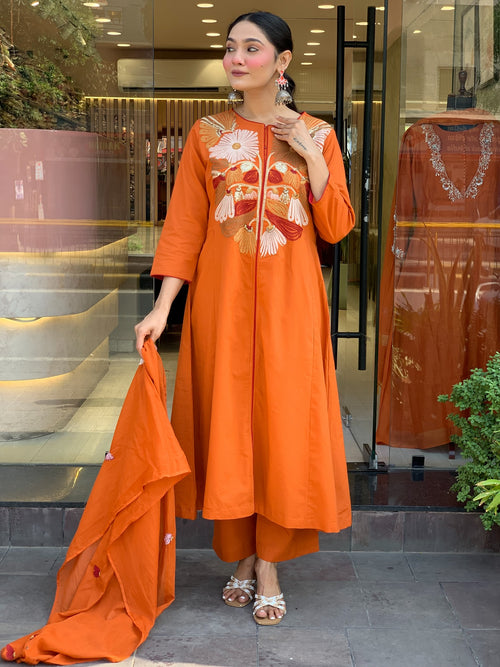 Orange Embroidered A-Line Kurta Set with Matching Pants and Dupatta