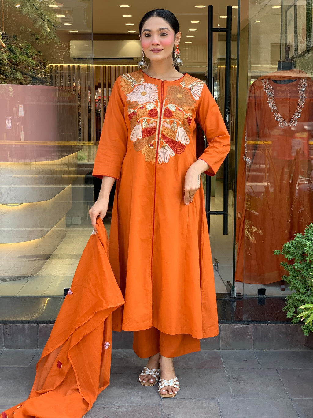 Orange Embroidered A-Line Kurta Set with Matching Pants and Dupatta
