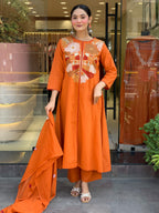Orange Embroidered A-Line Kurta Set with Matching Pants and Dupatta