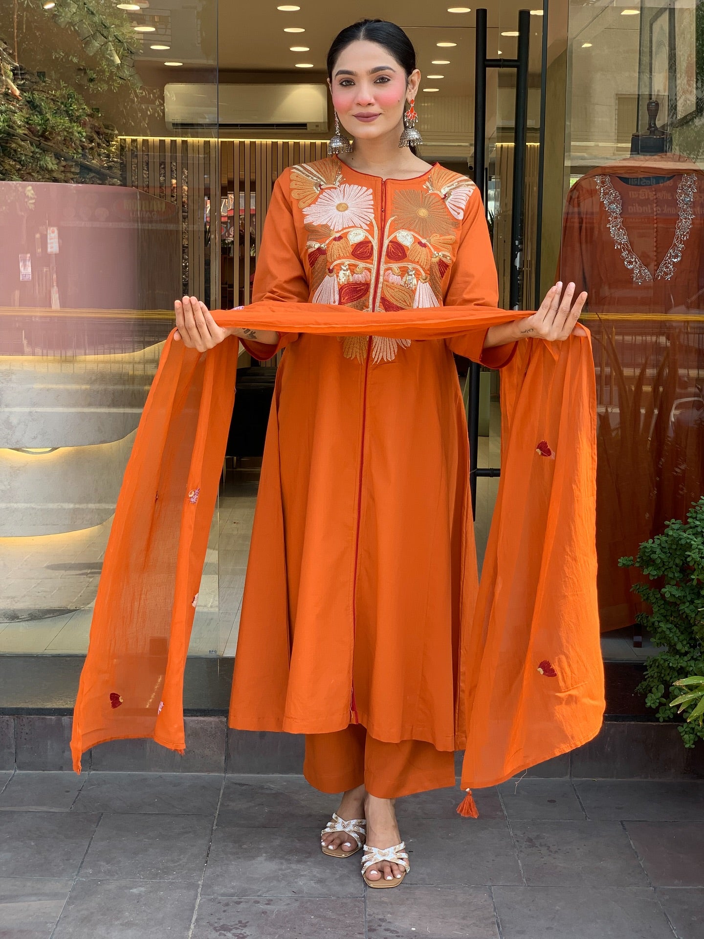 Orange Embroidered A-Line Kurta Set with Matching Pants and Dupatta