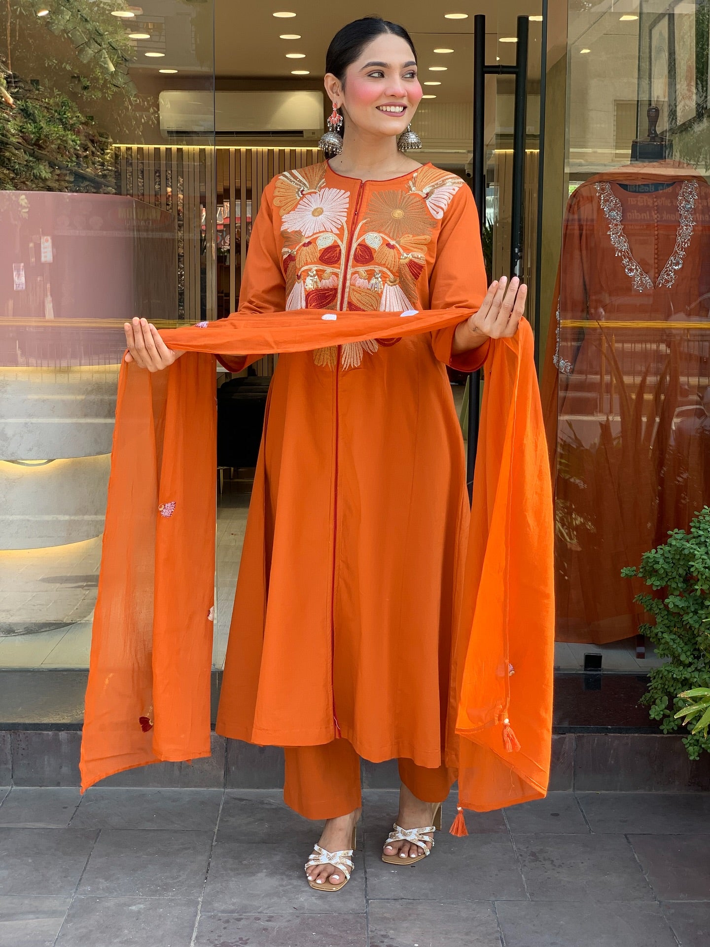 Orange Embroidered A-Line Kurta Set with Matching Pants and Dupatta