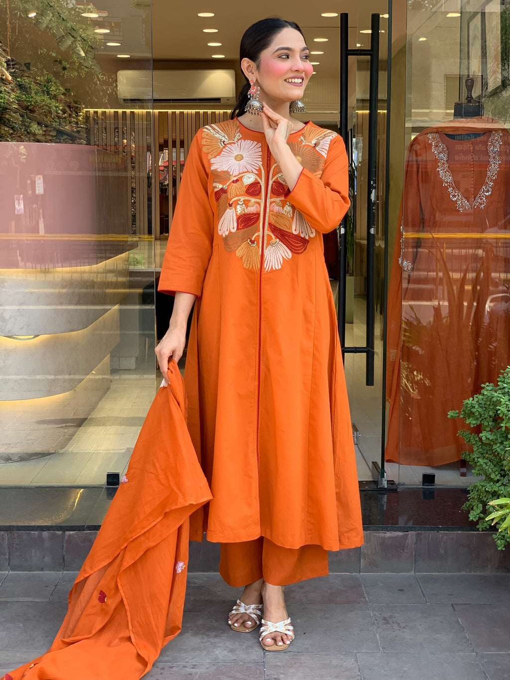 Orange Embroidered A-Line Kurta Set with Matching Pants and Dupatta