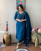 Teal Blue Embroidered Straight Kurta Set with Matching Dupatta