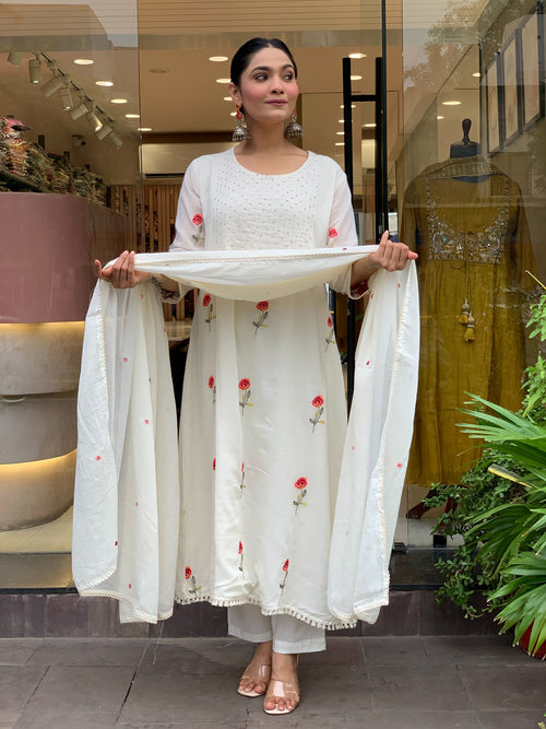 Ivory Floral Embroidered Flared Kurta Set with Dupatta