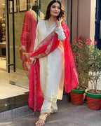Ivory Embroidered Kurta Set with Pink Printed Dupatta