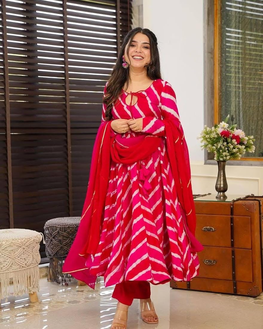 Red & Orange Leheriya Printed Flared Kurta Set with Dupatta