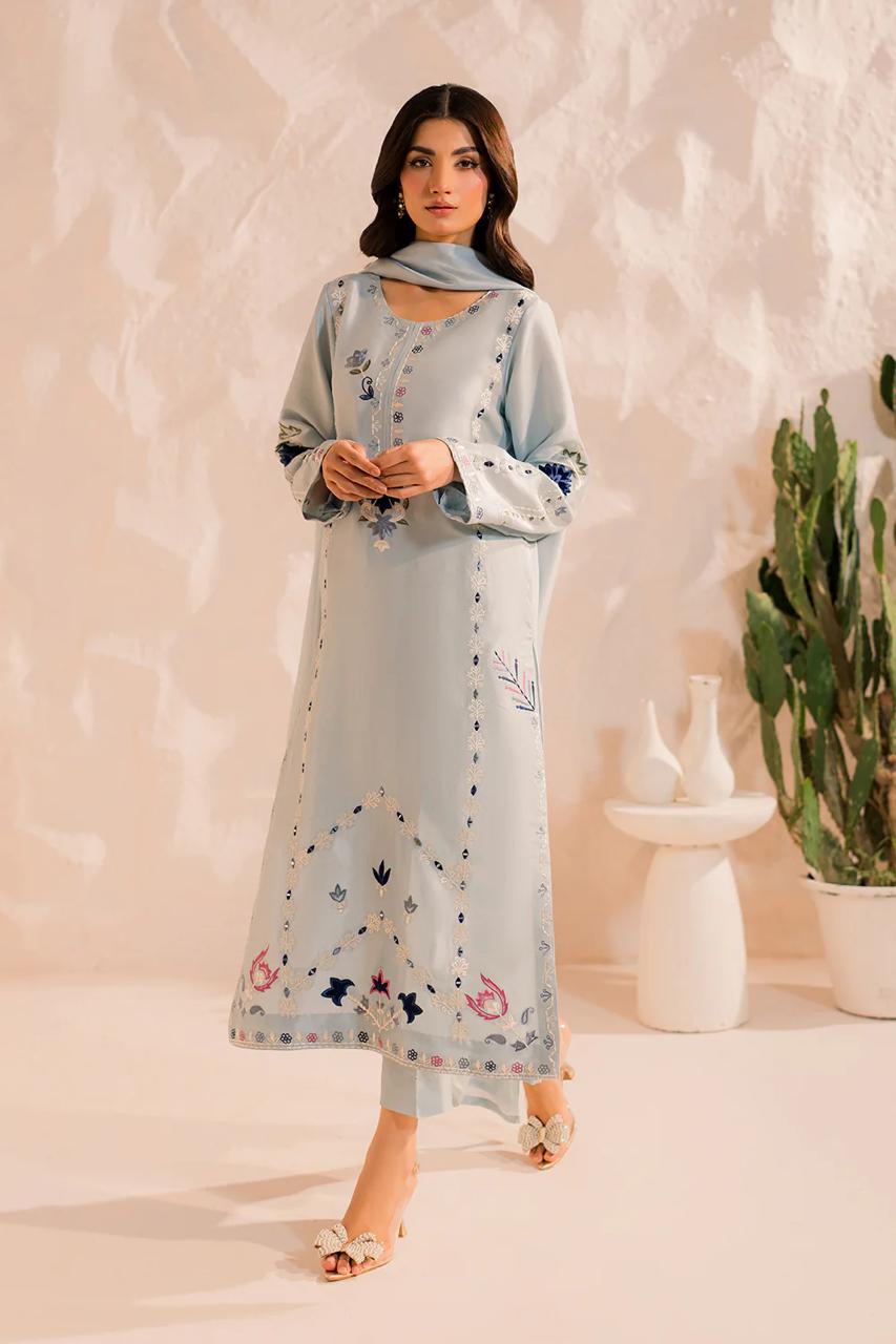 Pastel Blue Embroidered Kurta Pant Set with Dupatta for Women