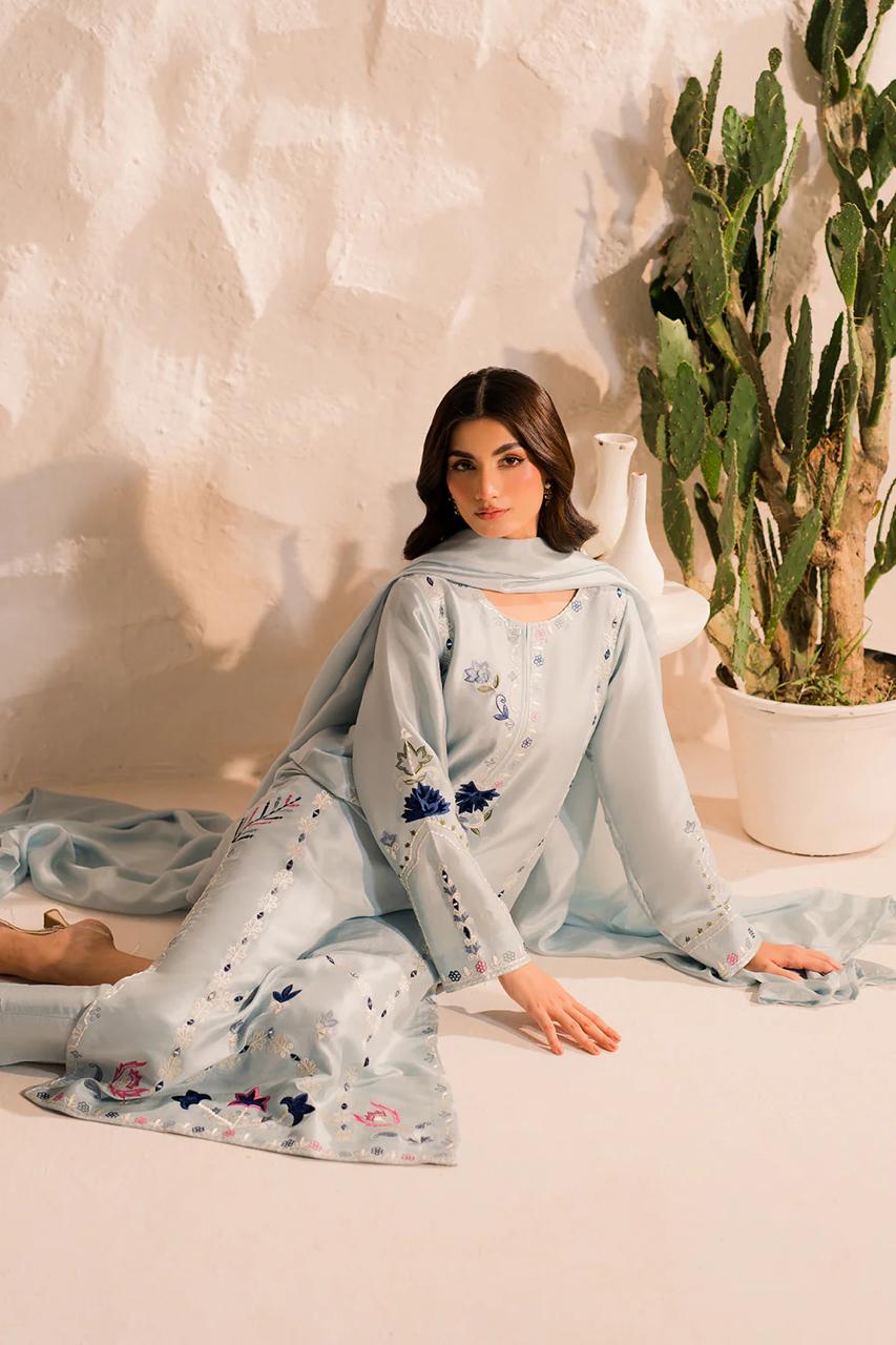 Pastel Blue Embroidered Kurta Pant Set with Dupatta for Women