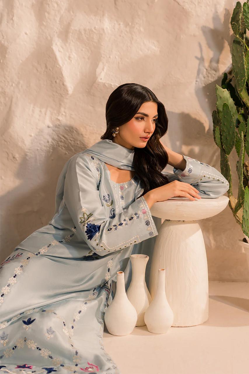 Pastel Blue Embroidered Kurta Pant Set with Dupatta for Women