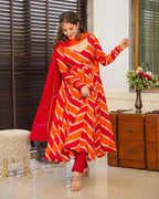 Red & Orange Leheriya Printed Flared Kurta Set with Dupatta