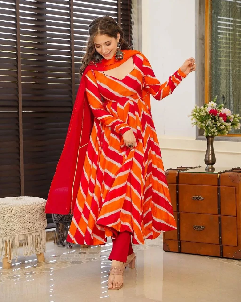 Red & Orange Leheriya Printed Flared Kurta Set with Dupatta