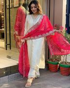 Ivory Embroidered Kurta Set with Pink Printed Dupatta