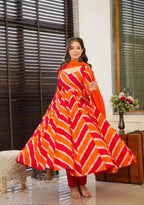 Red & Orange Leheriya Printed Flared Kurta Set with Dupatta