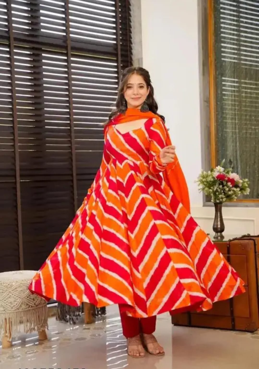 Red & Orange Leheriya Printed Flared Kurta Set with Dupatta
