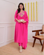 Pink Embroidered Flared Kurta Set with Matching Dupatta