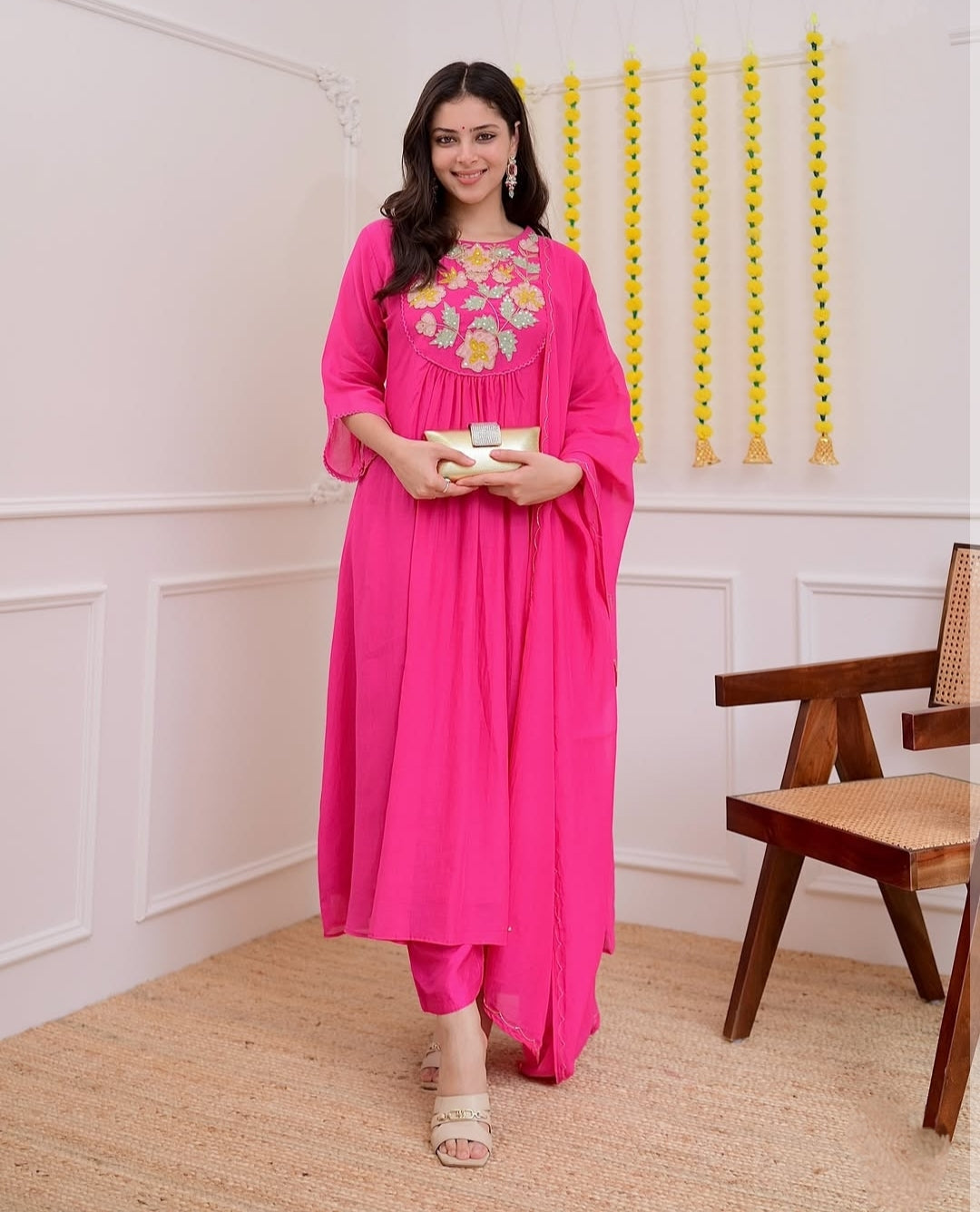 Pink Embroidered Flared Kurta Set with Matching Dupatta