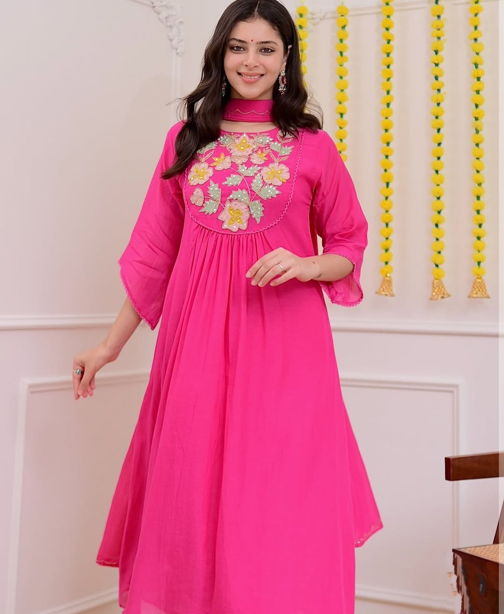 Pink Embroidered Flared Kurta Set with Matching Dupatta