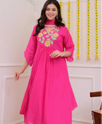 Pink Embroidered Flared Kurta Set with Matching Dupatta