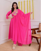 Pink Embroidered Flared Kurta Set with Matching Dupatta