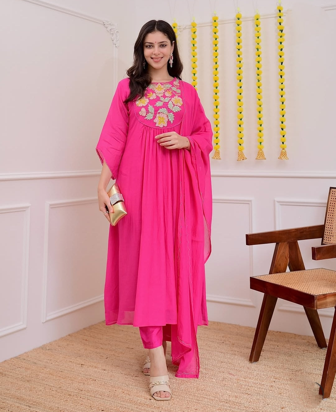 Pink Embroidered Flared Kurta Set with Matching Dupatta