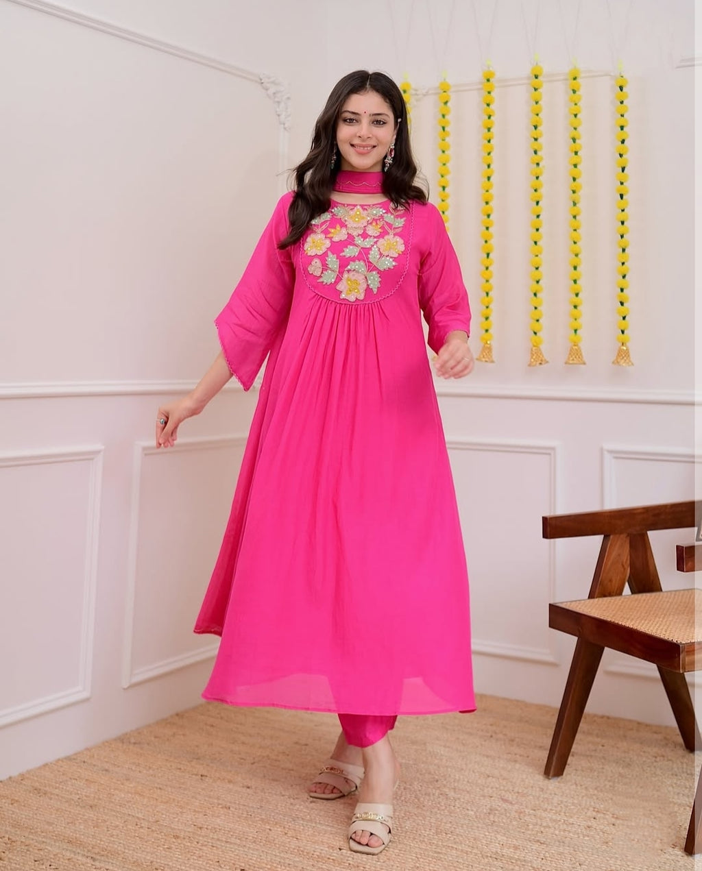 Pink Embroidered Flared Kurta Set with Matching Dupatta