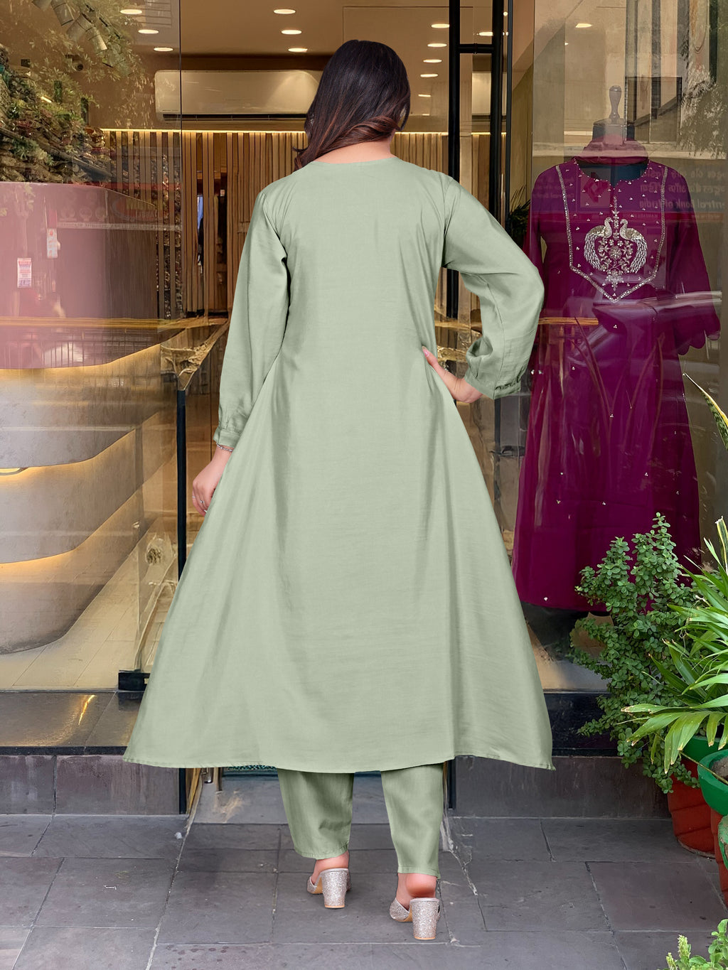 Sage Green and Mustard Yellow Embroidered Anarkali Kurta Set with Dupatta
