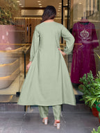 Sage Green and Mustard Yellow Embroidered Anarkali Kurta Set with Dupatta