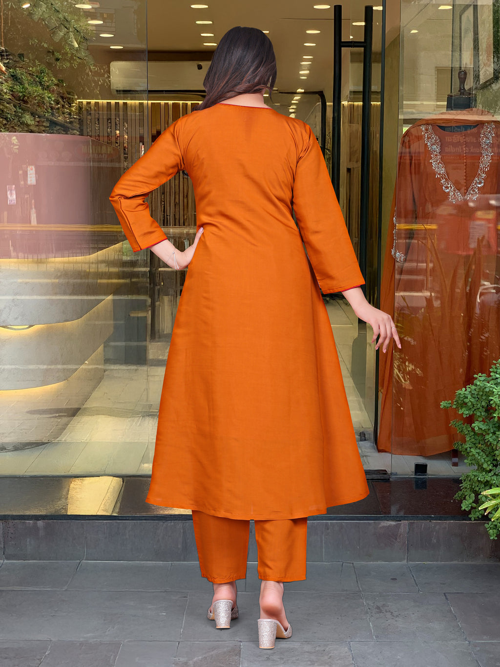 Orange Embroidered A-Line Kurta Set with Matching Pants and Dupatta