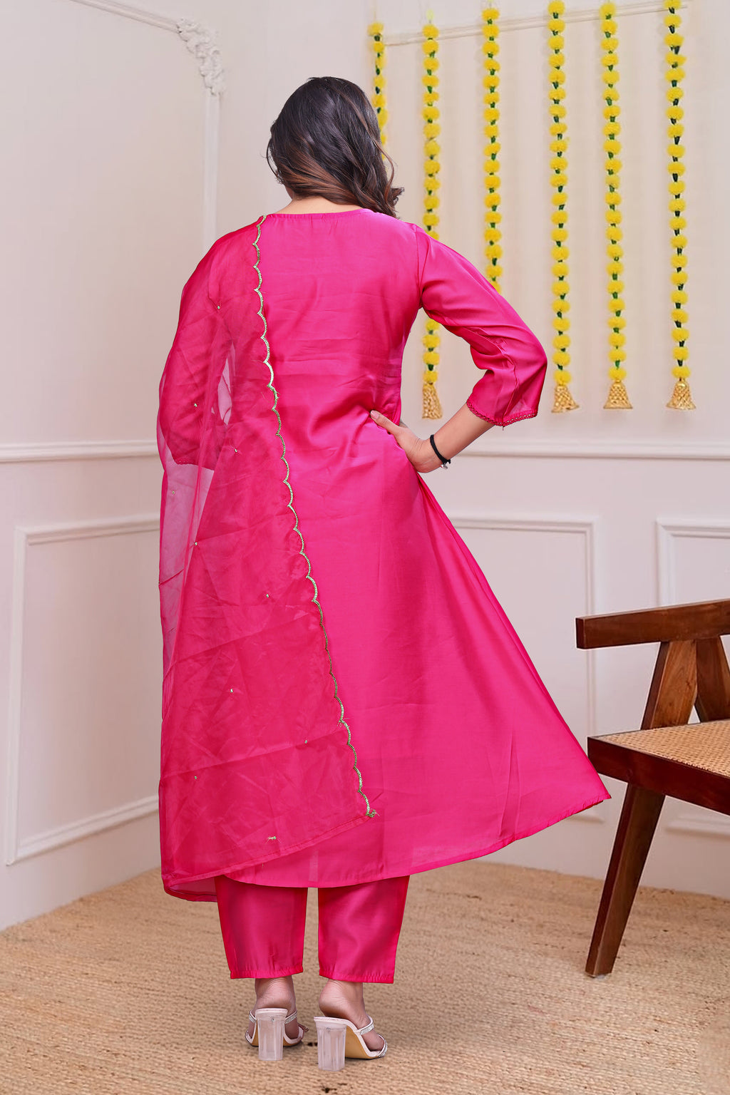 Pink Embroidered Flared Kurta Set with Matching Dupatta