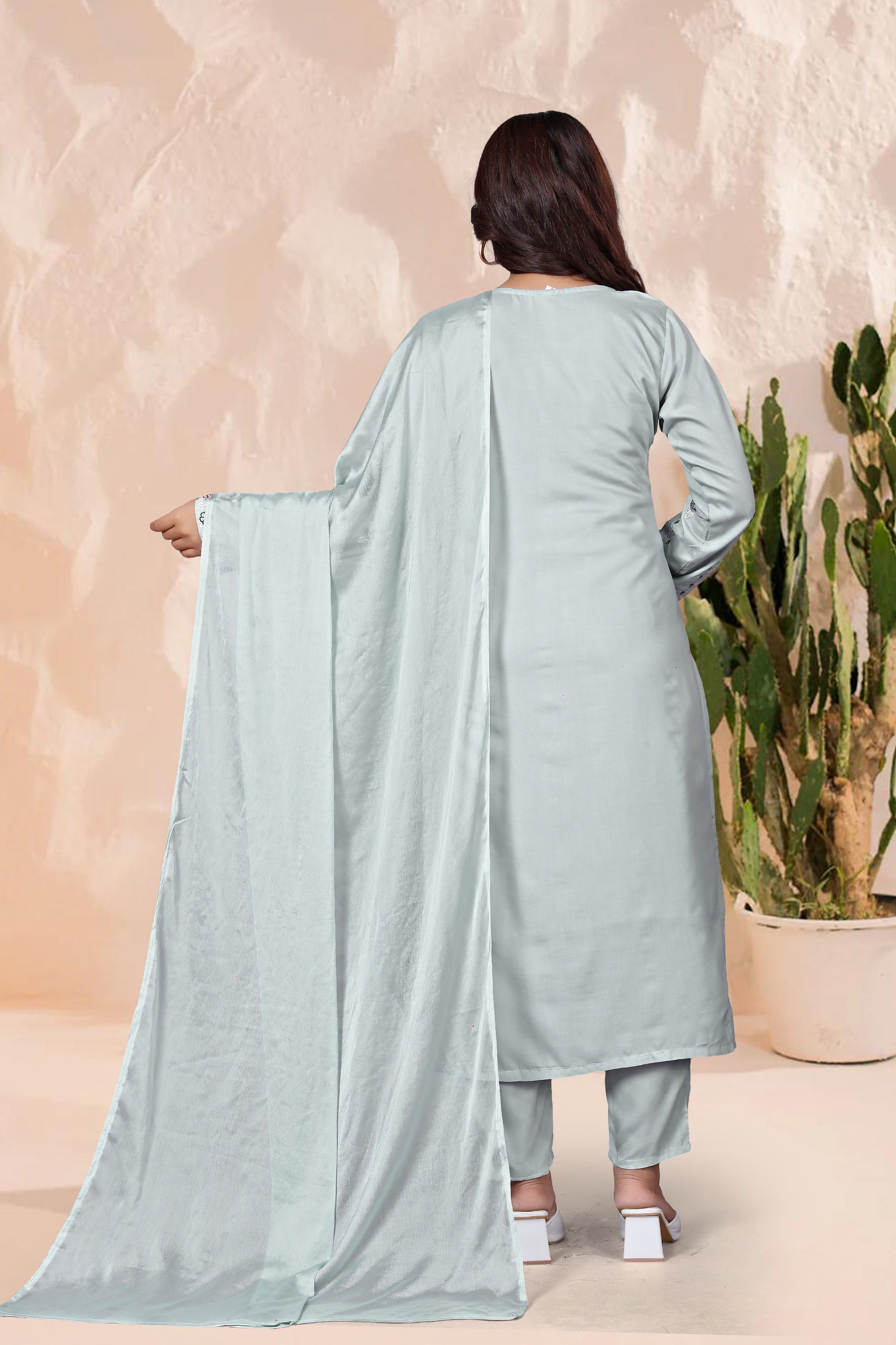 Pastel Blue Embroidered Kurta Pant Set with Dupatta for Women