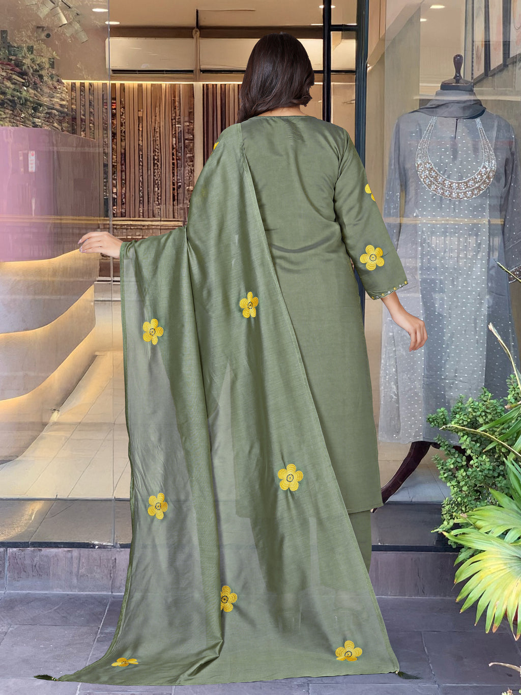 Olive Green Kurta Set for Women with Pant and Dupatta