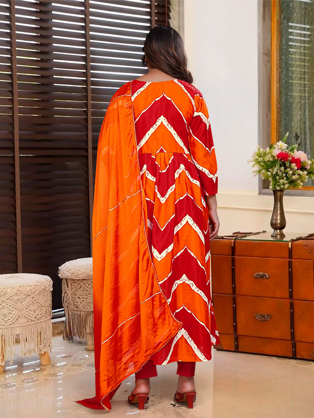 Red & Orange Leheriya Printed Flared Kurta Set with Dupatta
