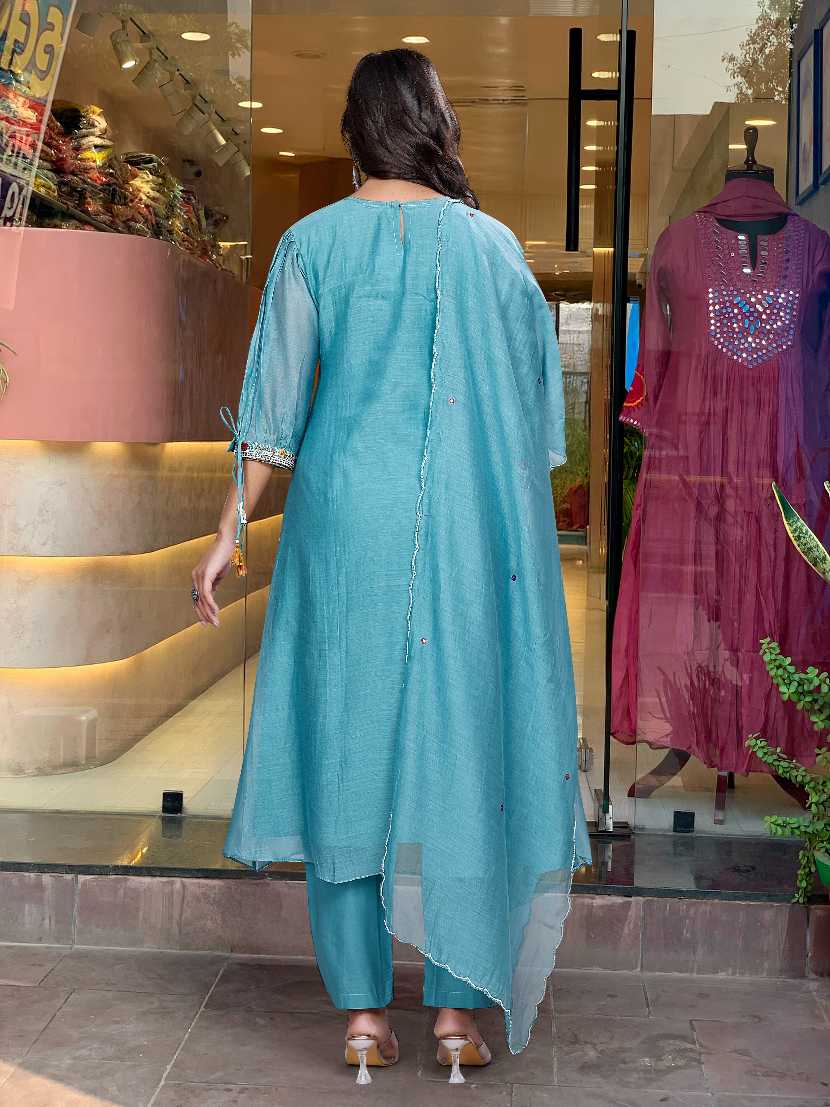 Teal Blue Embroidered Kurta Set with Matching Dupatta