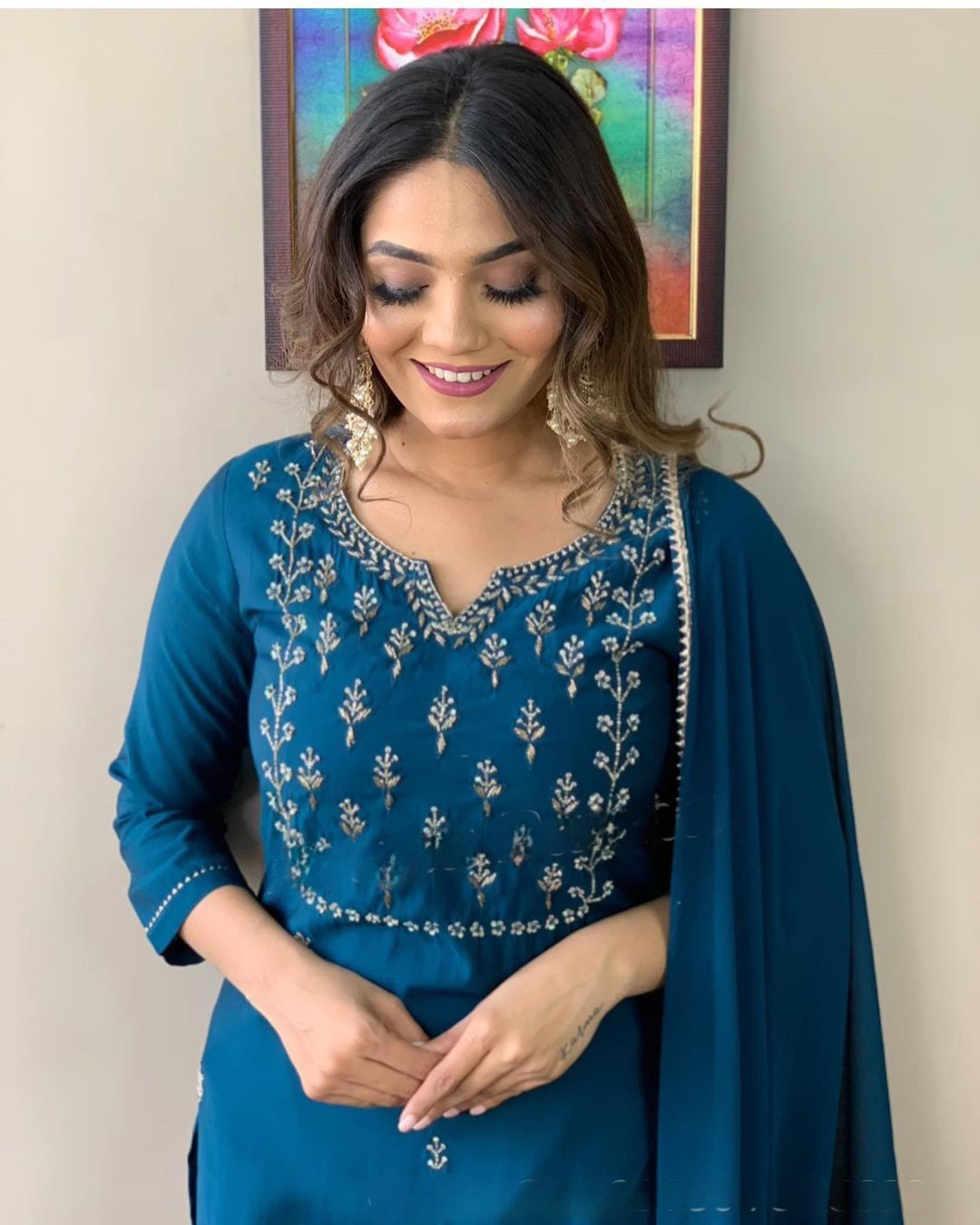 Teal Blue Embroidered Straight Kurta Set with Matching Dupatta