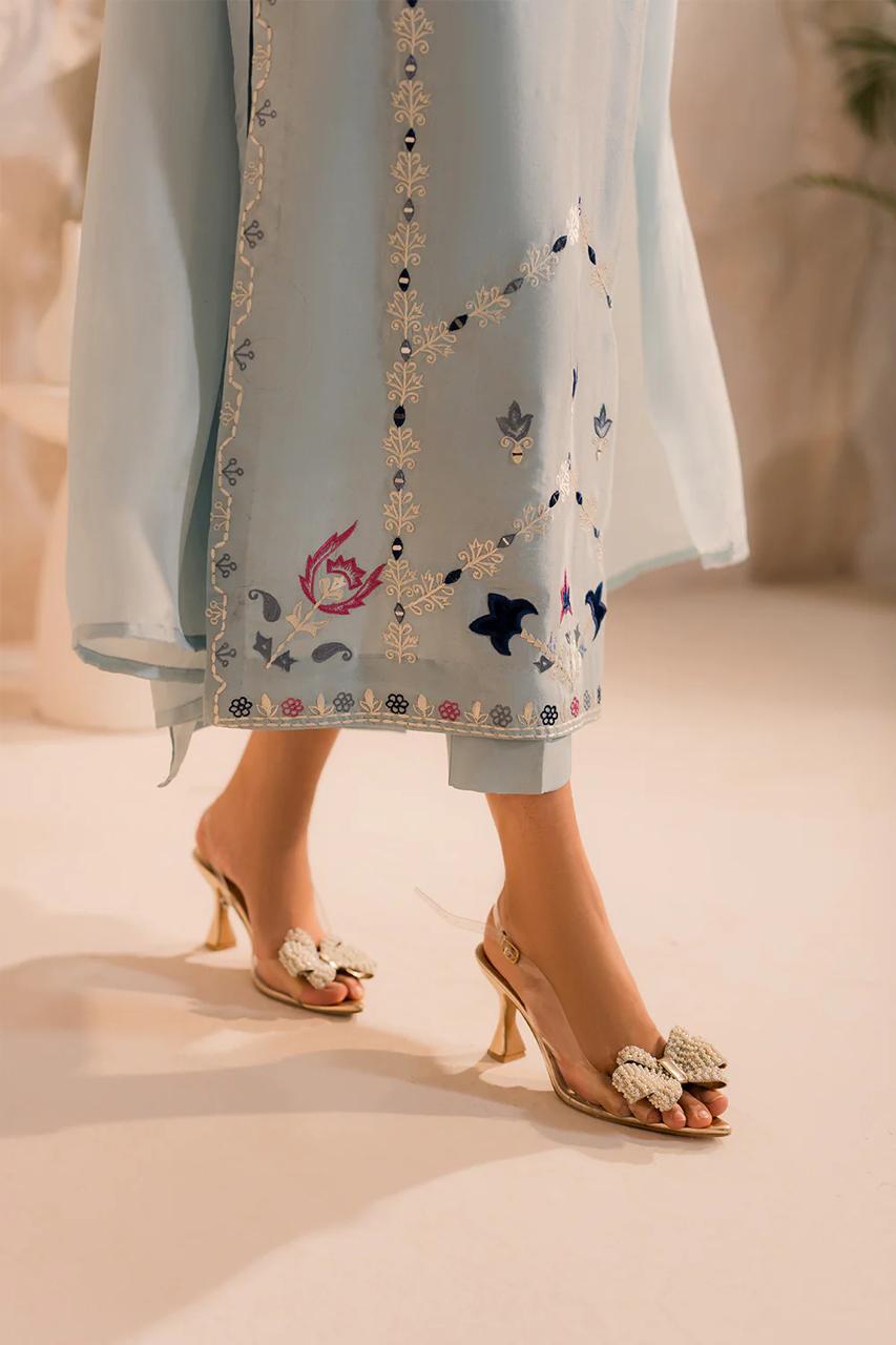 Pastel Blue Embroidered Kurta Pant Set with Dupatta for Women