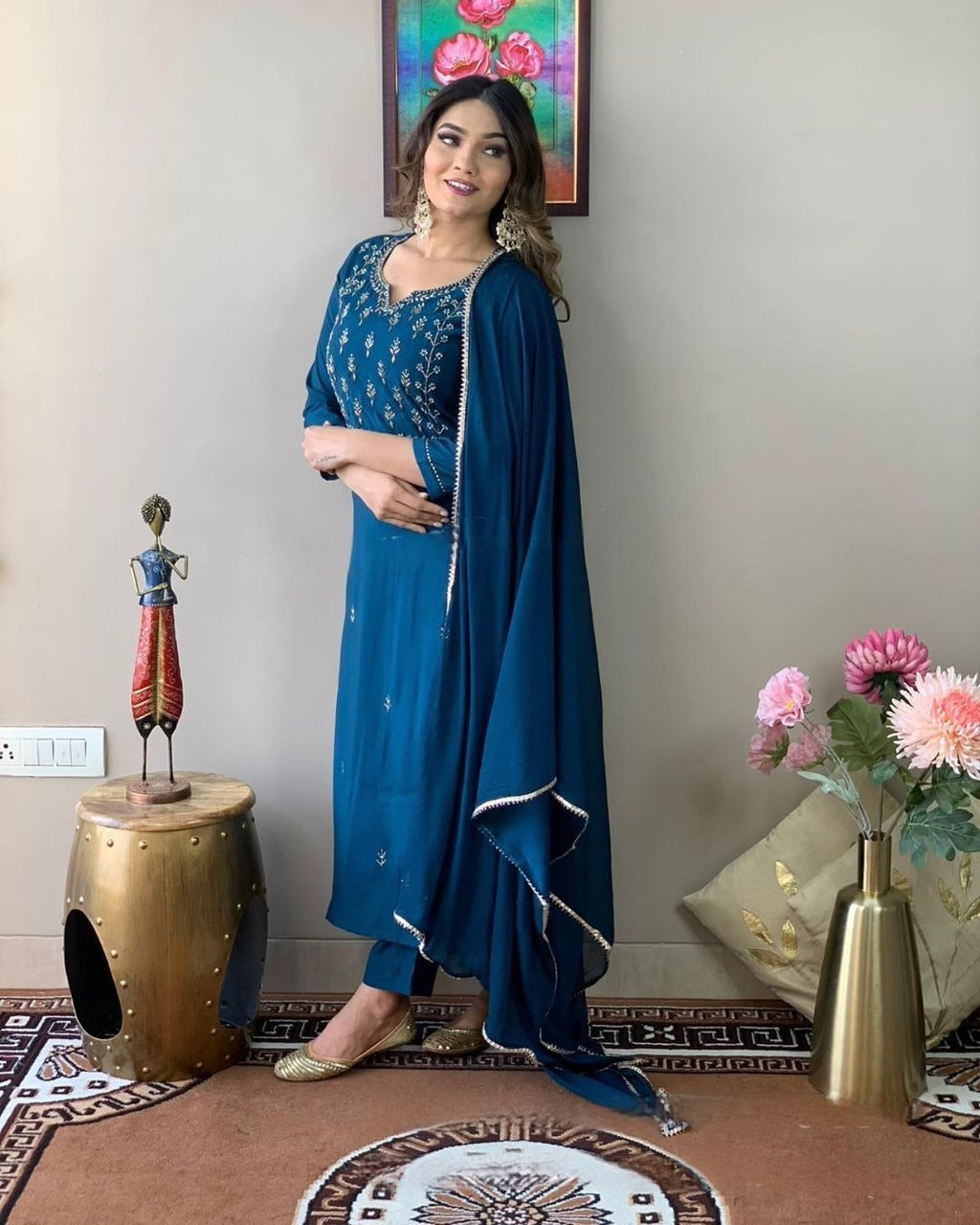 Teal Blue Embroidered Straight Kurta Set with Matching Dupatta