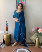 Teal Blue Embroidered Straight Kurta Set with Matching Dupatta