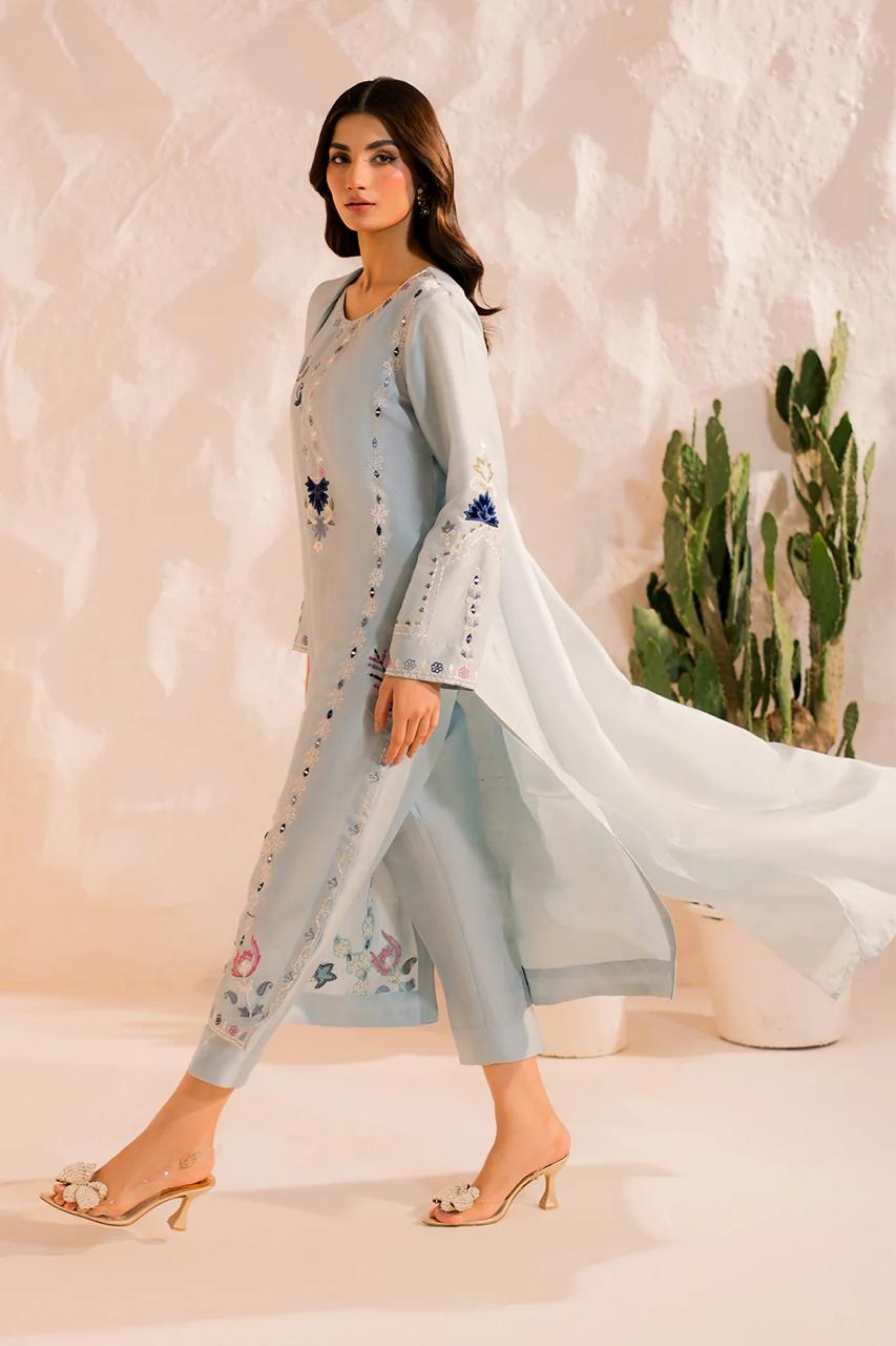 Pastel Blue Embroidered Kurta Pant Set with Dupatta for Women