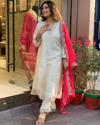 Ivory Embroidered Kurta Set with Pink Printed Dupatta
