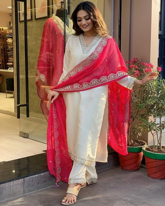 Ivory Embroidered Kurta Set with Pink Printed Dupatta